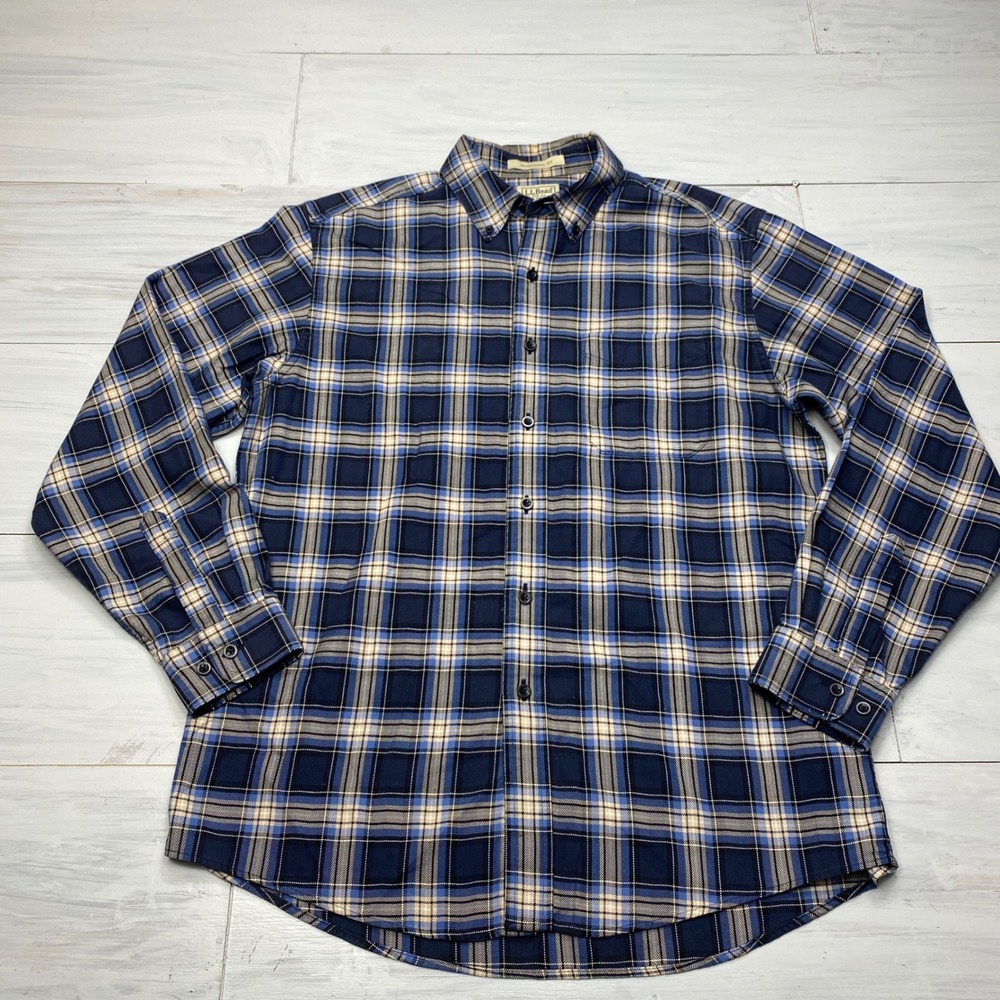 LL Bean Flannel Shirt Mens M Blue Plaid Cotton Long Sleeve Casual Button Down
